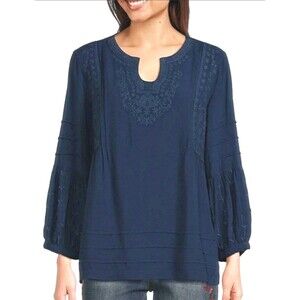 John Mark Embroidered Tunic Top Blouse Womens Size Large Dark Blue Boho Peasant
